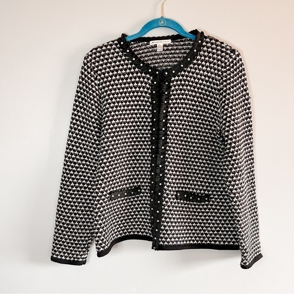 JM Collection Petite Large Black and White Ruffle Trim Pearl Accent Cardigan